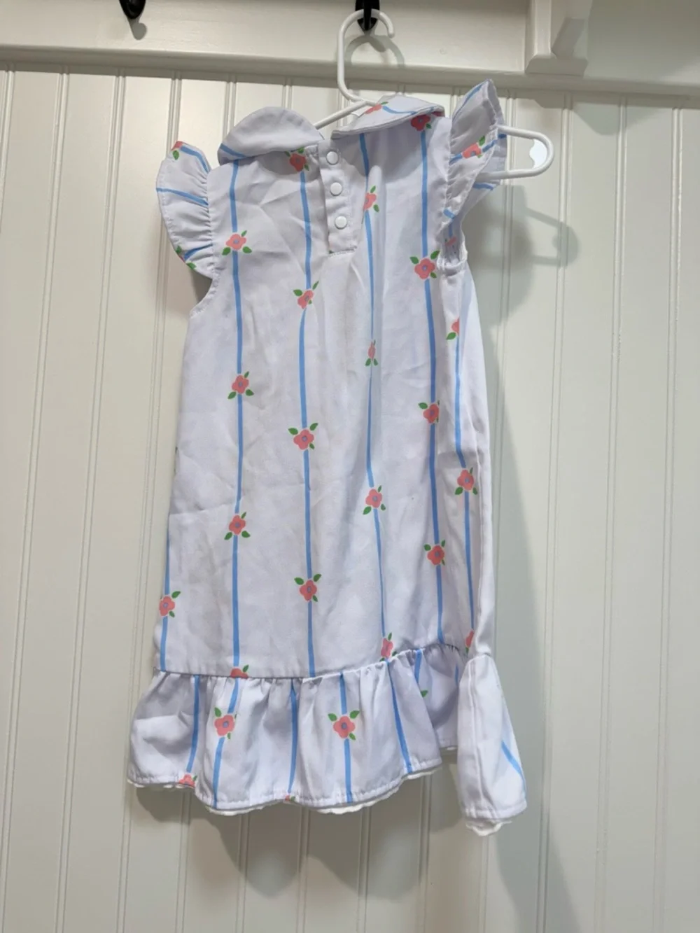 The Beaufort Bonnet Company White Dress with Blue Stripes and Pink Floral Trim